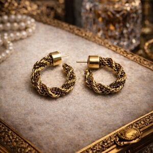 Vintage 80s Gold Rope Hoop Earrings Chunky Twisted Statement Pierced Bold